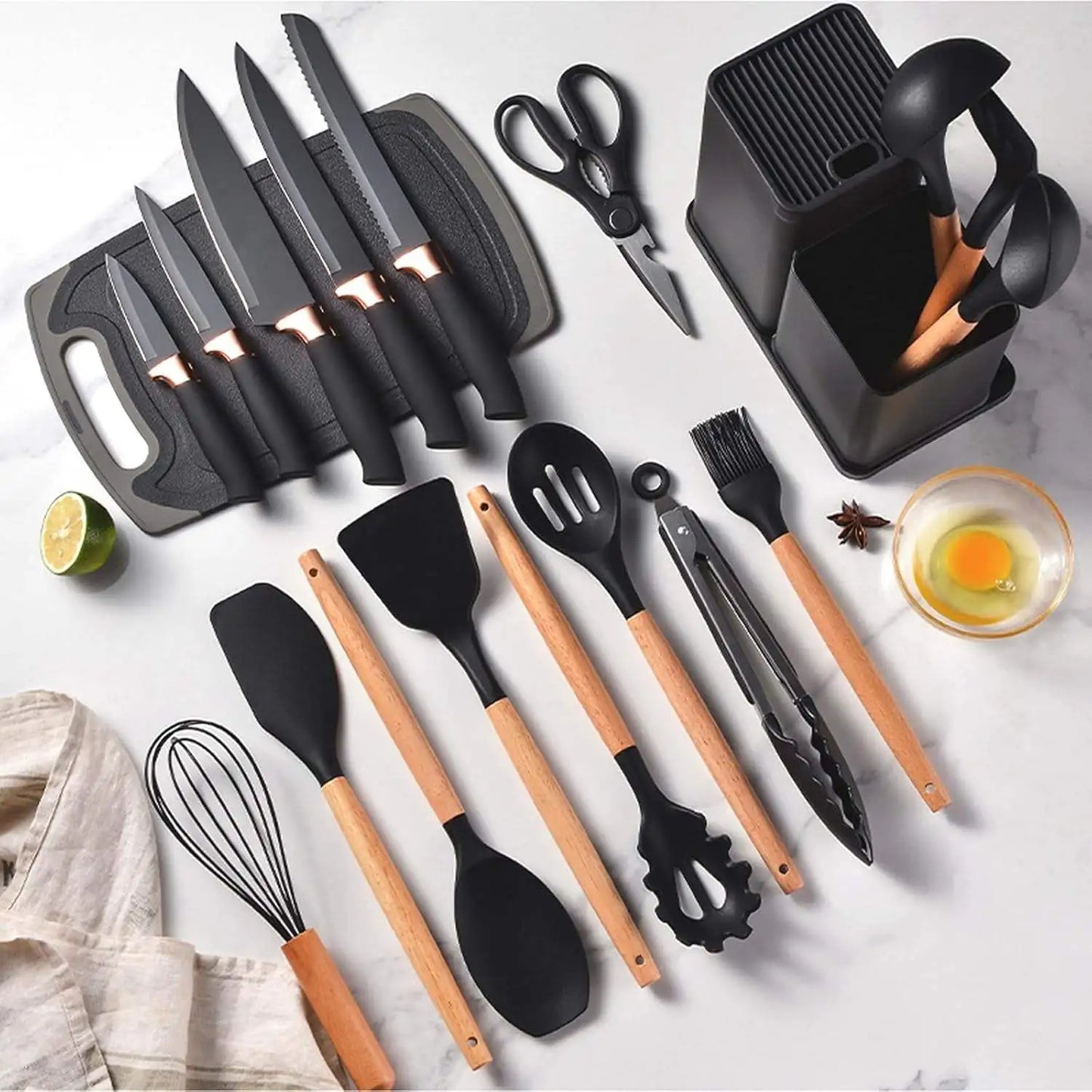 Elegant Wooden Handle Non-Stick Cooking Utensils 19PCS